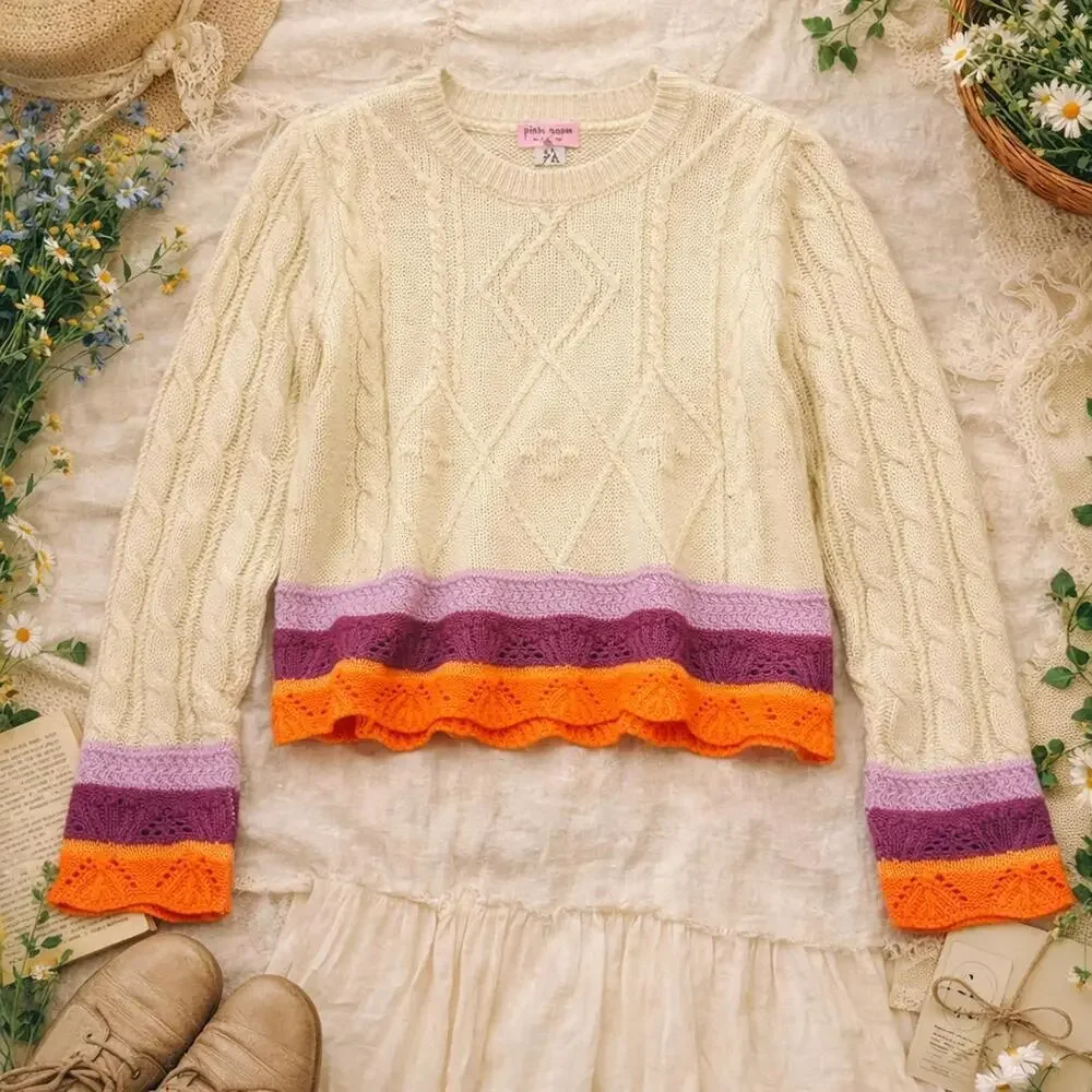 Pink Robin Cable Knit Colorblock Sweater Scalloped Hem XS